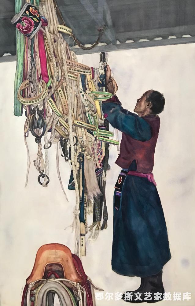 格日乐 内蒙古《幸福的牧马人》水彩140cmx90cm 特邀